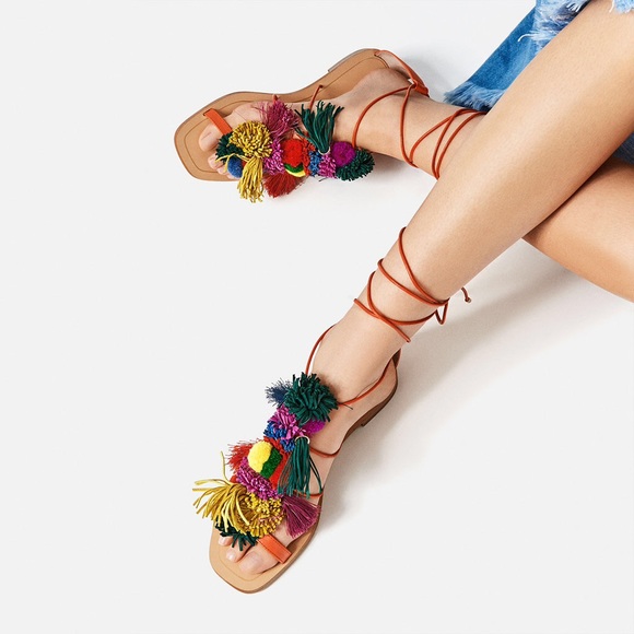 Zara pompom leather sandals